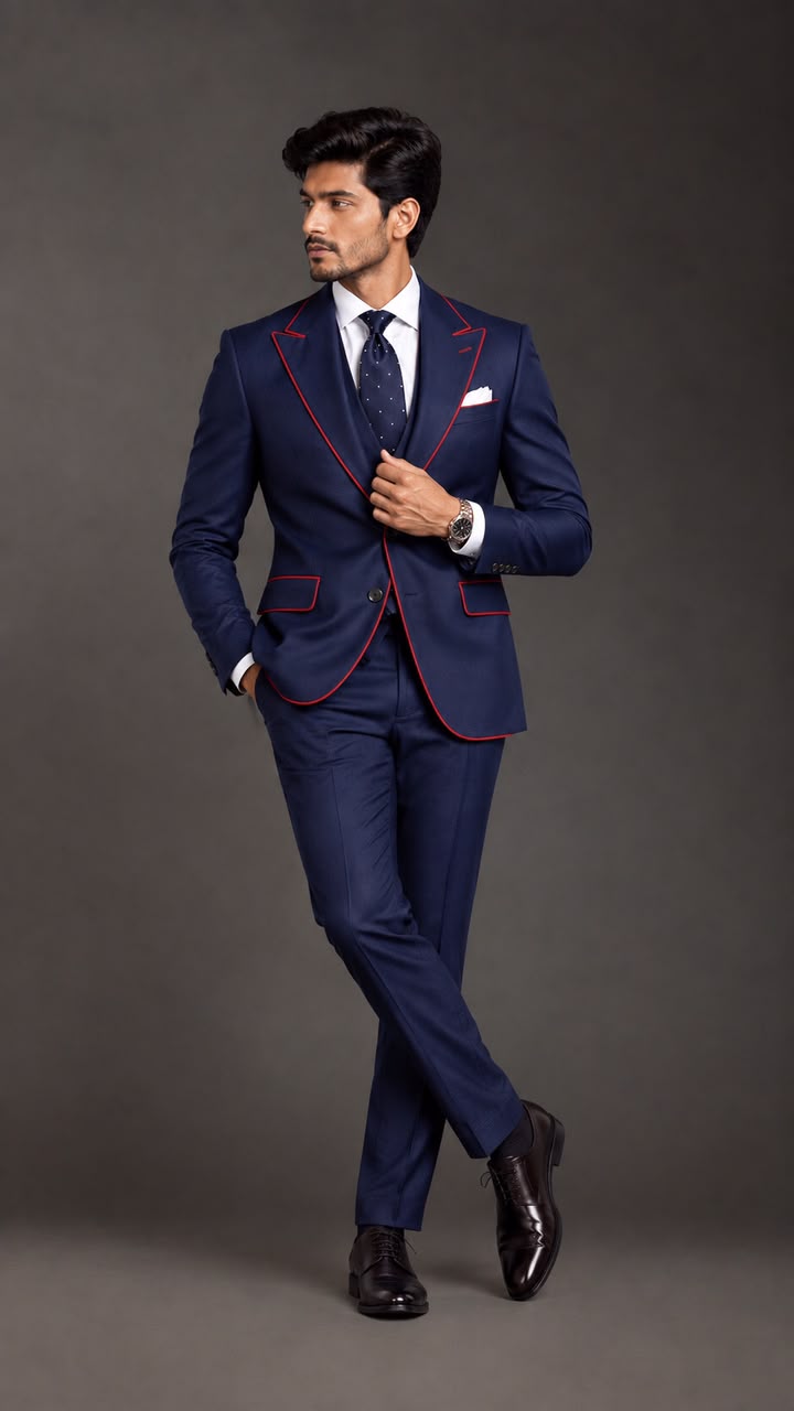 Navy Blue Red Piping Suit