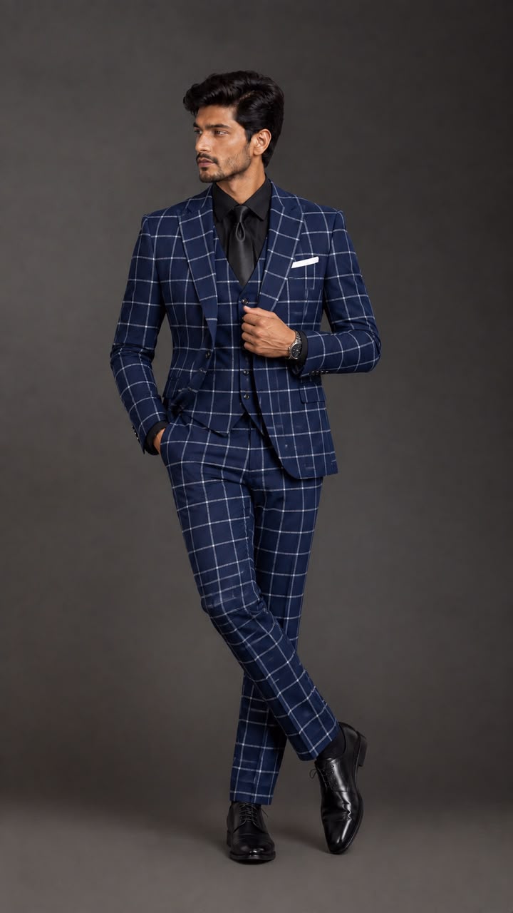 Navy Blue Windowpane 3-Piece Suit