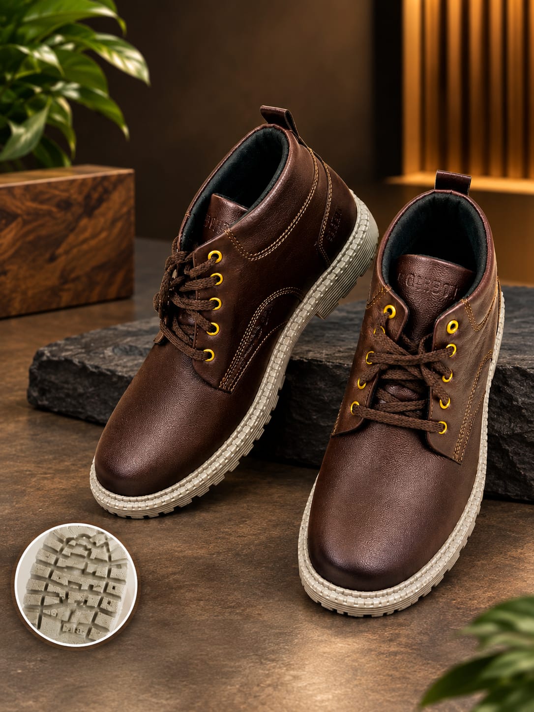 Premium Brown Leather & Rexine Casual Boots